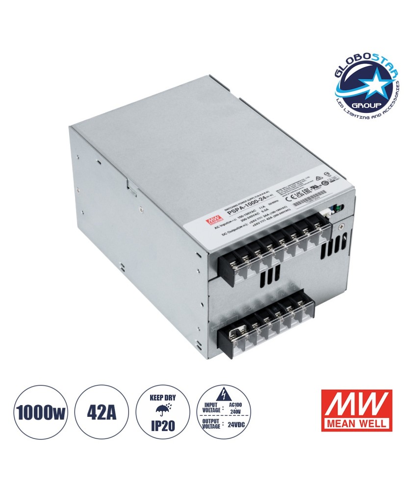 GLOBOSTAR® MEANWELL-PSPA-1000-24 90791 Τροφοδοτικό-Μετασχηματιστής PELV 1000W 42A DC 24V IP20 - AC 220-240V σε DC 24V - Ρυθμιζόμενo από DC 22V έως DC 28V - Μ17 x Π12 x Υ9.3cm - 3 Χρόνια Εγγύηση